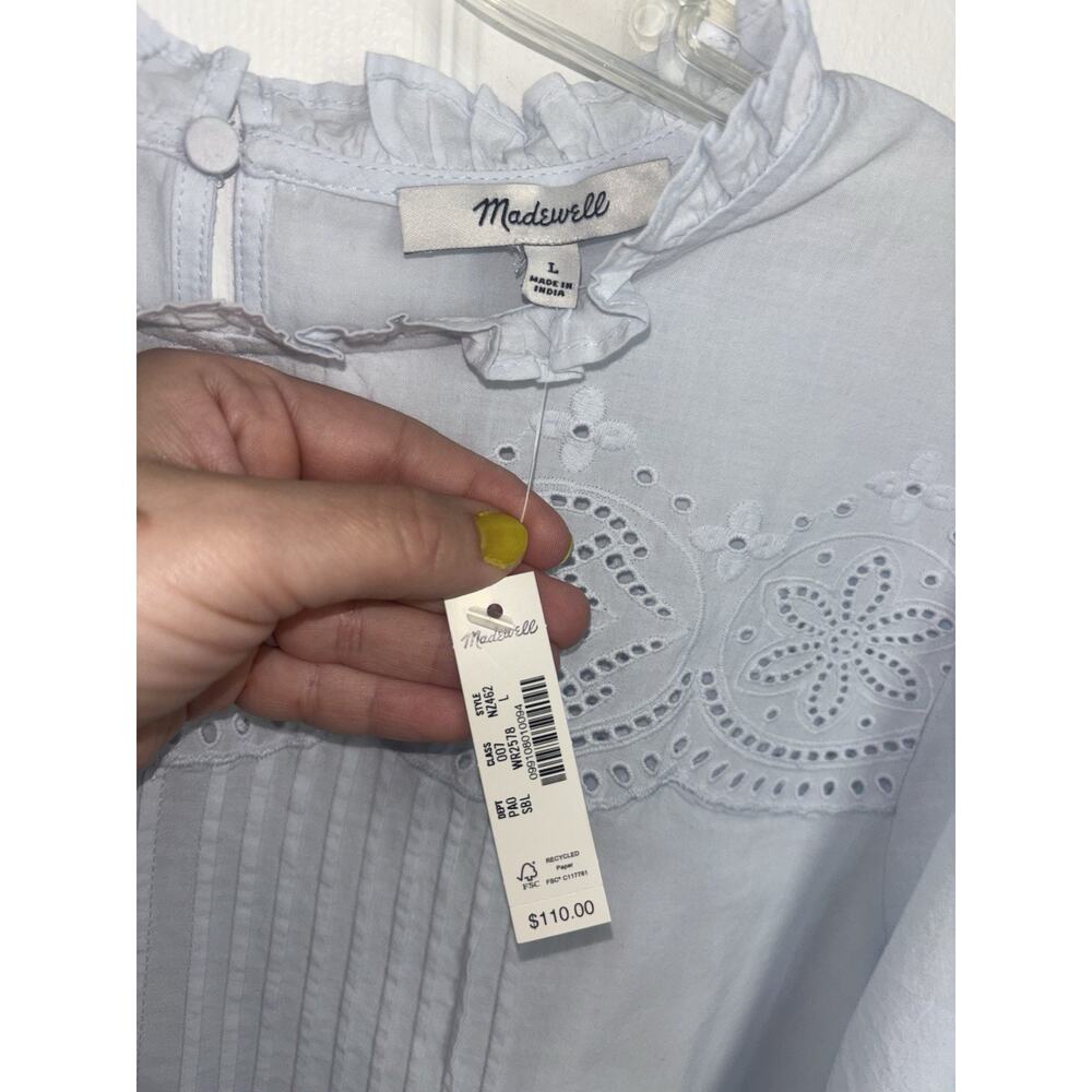 NWT Madewell Embroidered Pintuck High Neck Top Soft Blue Large Cottage - Picture 5 of 11